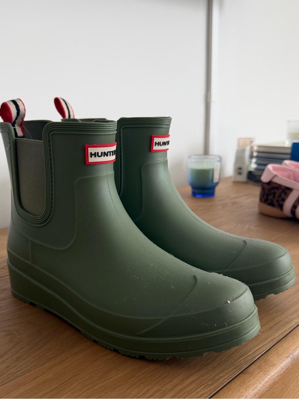 Hunter Olive Green Short Rain Boots with Red-Trim Pull Tabs